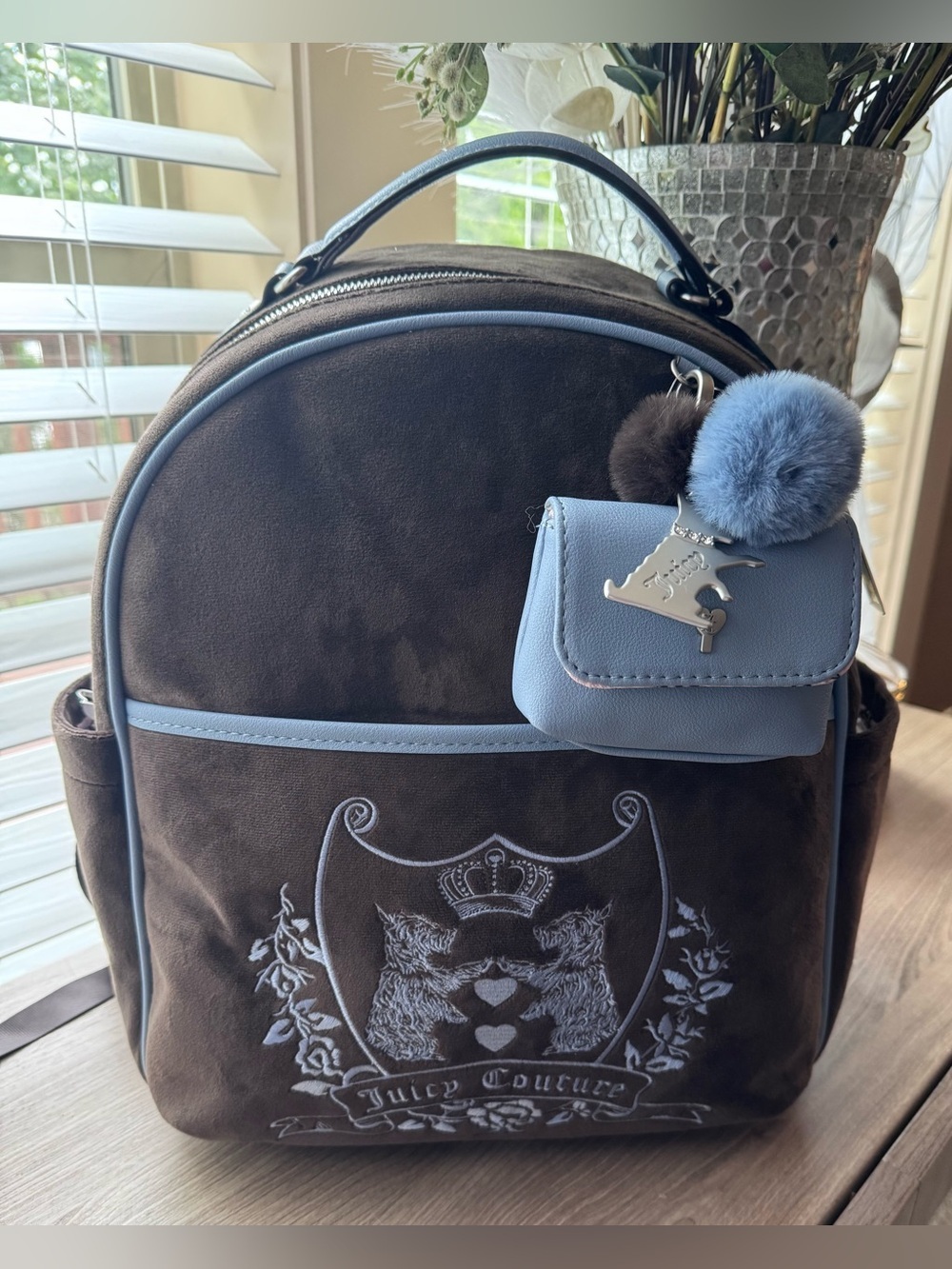 Juicy Couture Brown  Velour Backpack with Light Blue Charm Pouch